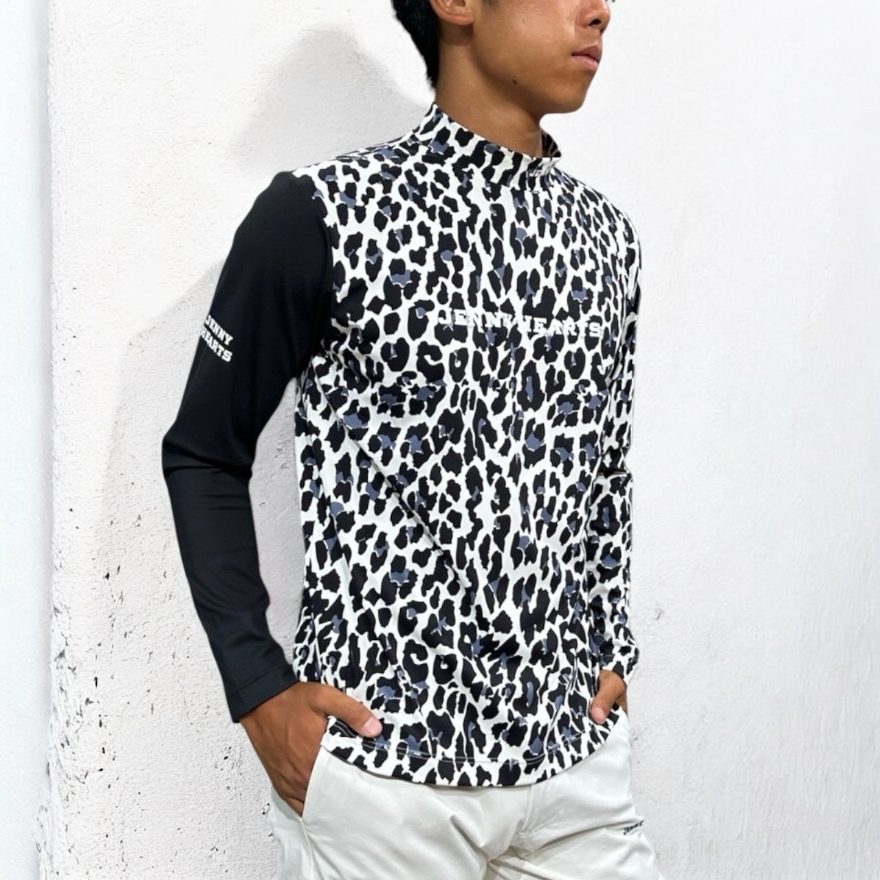 Mens Smooth Mock Animal Panther メンズモックネック 黒豹 長袖 伸縮性高い なめらか肌触り 接触冷感 春