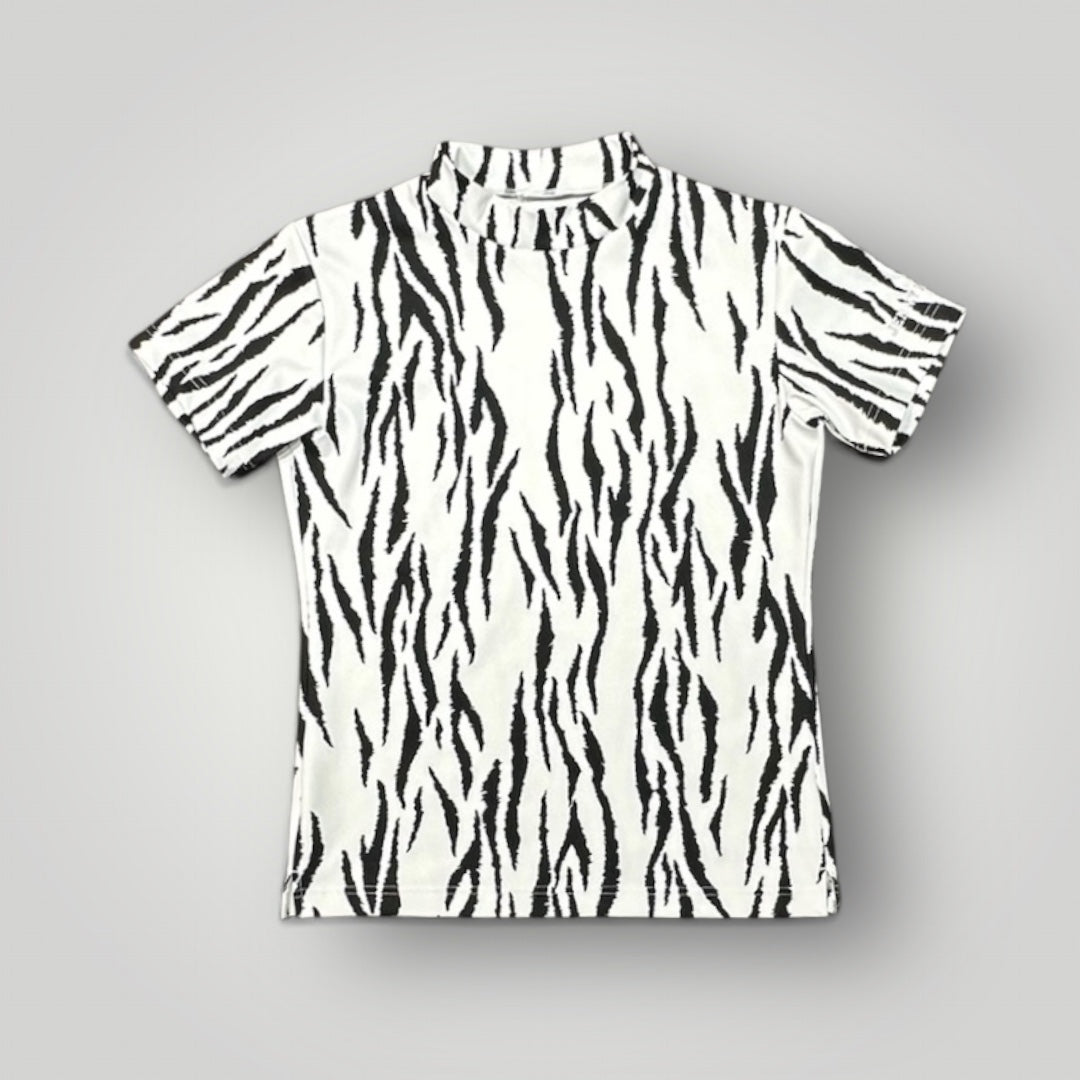 \新発売/Ladies Animal Mock Neck Zebra レディースゴルフウェア アニマル モックネック ゼブラ 半袖 春夏 高ストレッチ 肌触り柔らか 速乾 UVカット レディース ホワイト アニマル柄 オシャレ 可愛い ゴルフ女子 おすすめ プレゼント