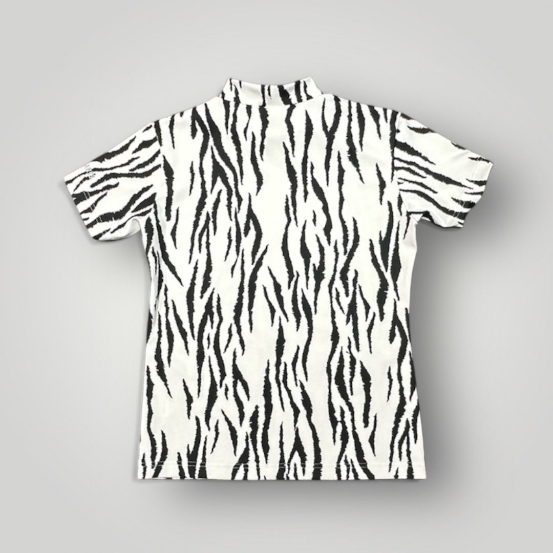 \新発売/Ladies Animal Mock Neck Zebra レディースゴルフウェア アニマル モックネック ゼブラ 半袖 春夏 高ストレッチ 肌触り柔らか 速乾 UVカット レディース ホワイト アニマル柄 オシャレ 可愛い ゴルフ女子 おすすめ プレゼント