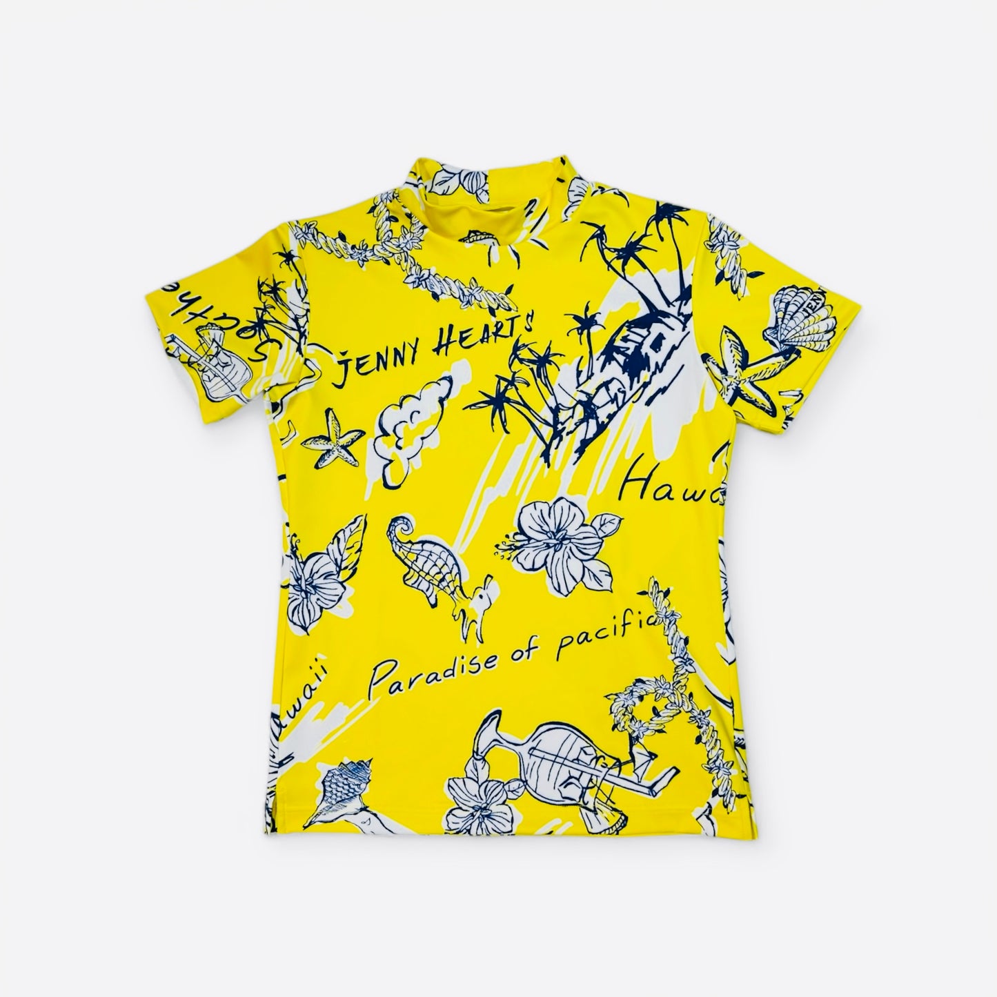 \新発売/Ladies Mock Neck Hawaiian Yellow レディースゴルフウェア モックネック 半袖 ストレッチ 速乾 肌触りなめらか UVカット おしゃれ 可愛い 春夏