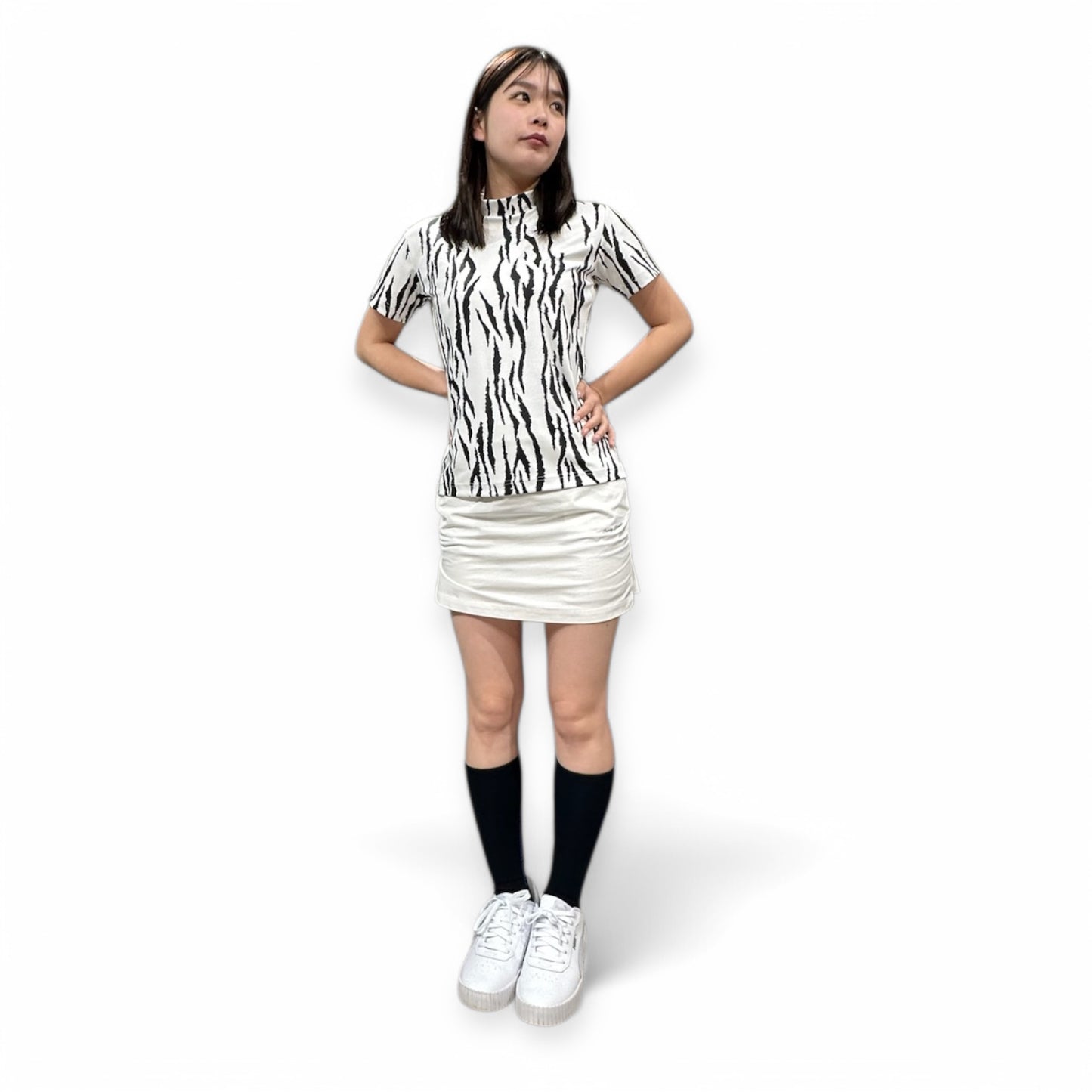 \新発売/Ladies Animal Mock Neck Zebra レディースゴルフウェア アニマル モックネック ゼブラ 半袖 春夏 高ストレッチ 肌触り柔らか 速乾 UVカット レディース ホワイト アニマル柄 オシャレ 可愛い ゴルフ女子 おすすめ プレゼント