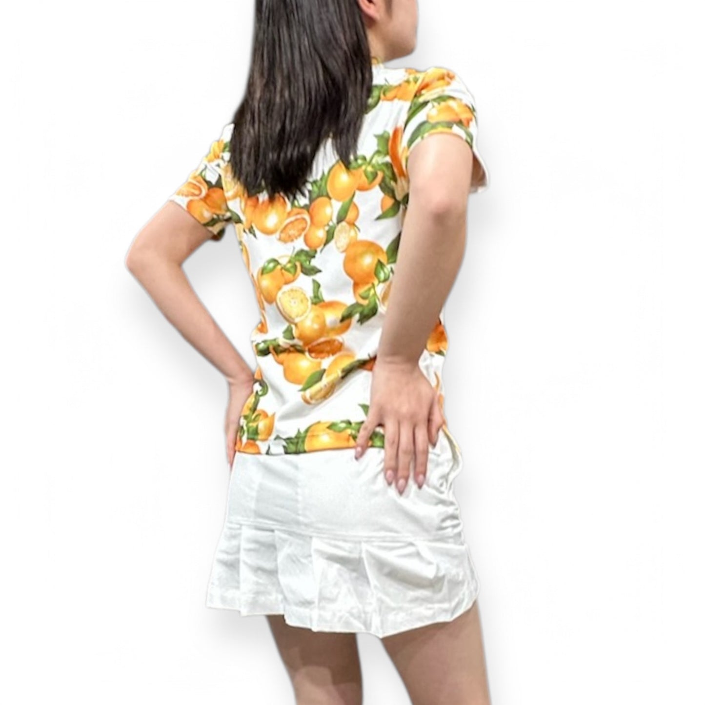 \新発売/Ladies Mock Neck Mandarin Orange レディースゴルフウェア モックネック 半袖 みかん ストレッチ 速乾 肌触りなめらか UVカット おしゃれ 可愛い 春夏