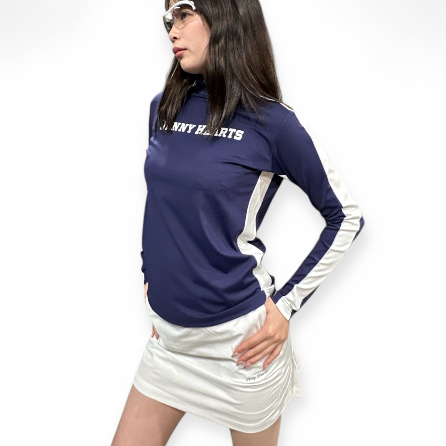 \新発売/Ladies Mock Neck Spandex ゴルフウェア レディース モックネック 長袖 ネイビー ツートンカラー 春 UVカット 速乾 伸縮性抜群 おしゃれ