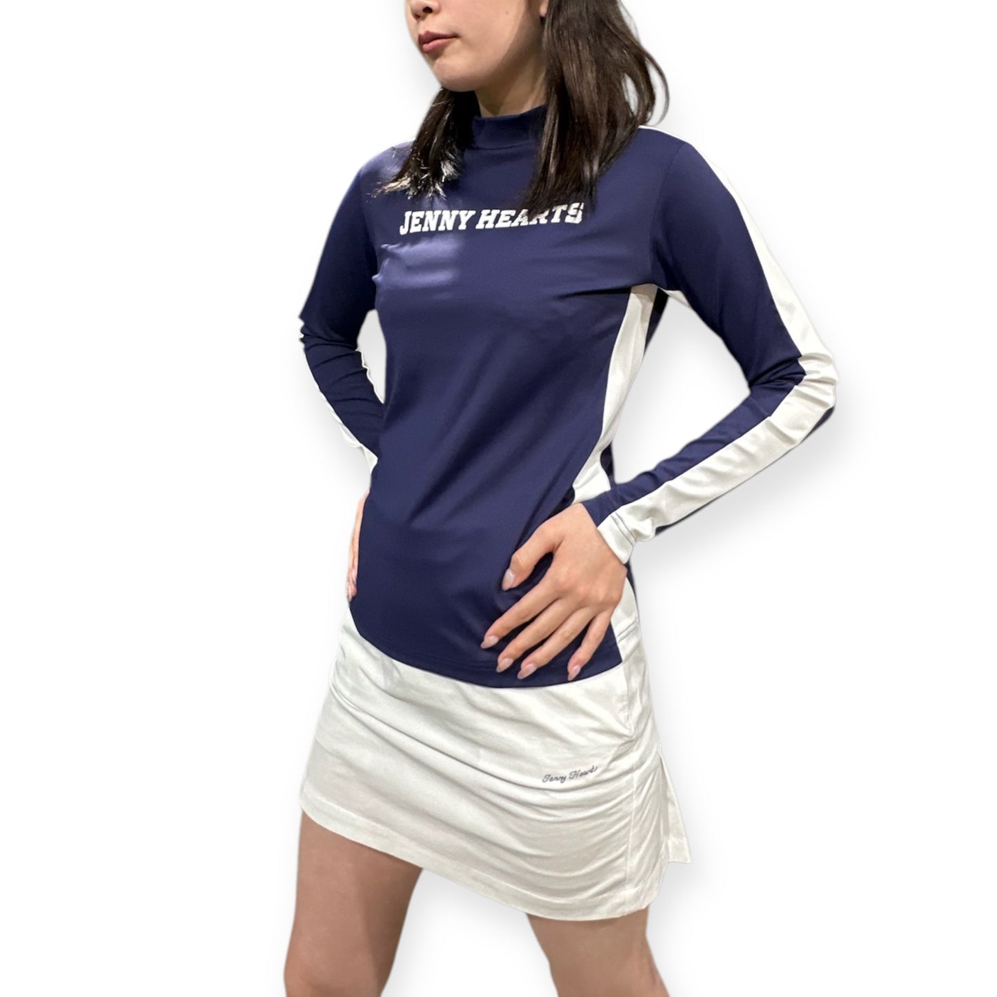 \新発売/Ladies Mock Neck Spandex ゴルフウェア レディース モックネック 長袖 ネイビー ツートンカラー 春 UVカット 速乾 伸縮性抜群 おしゃれ
