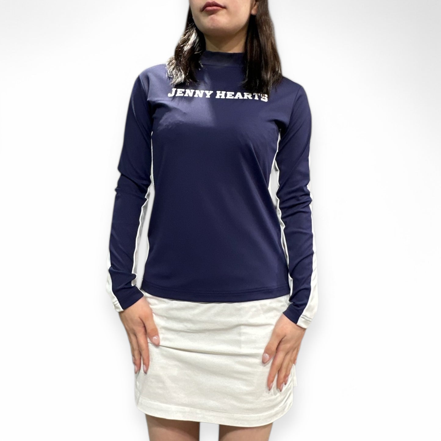 \新発売/Ladies Mock Neck Spandex ゴルフウェア レディース モックネック 長袖 ネイビー ツートンカラー 春 UVカット 速乾 伸縮性抜群 おしゃれ