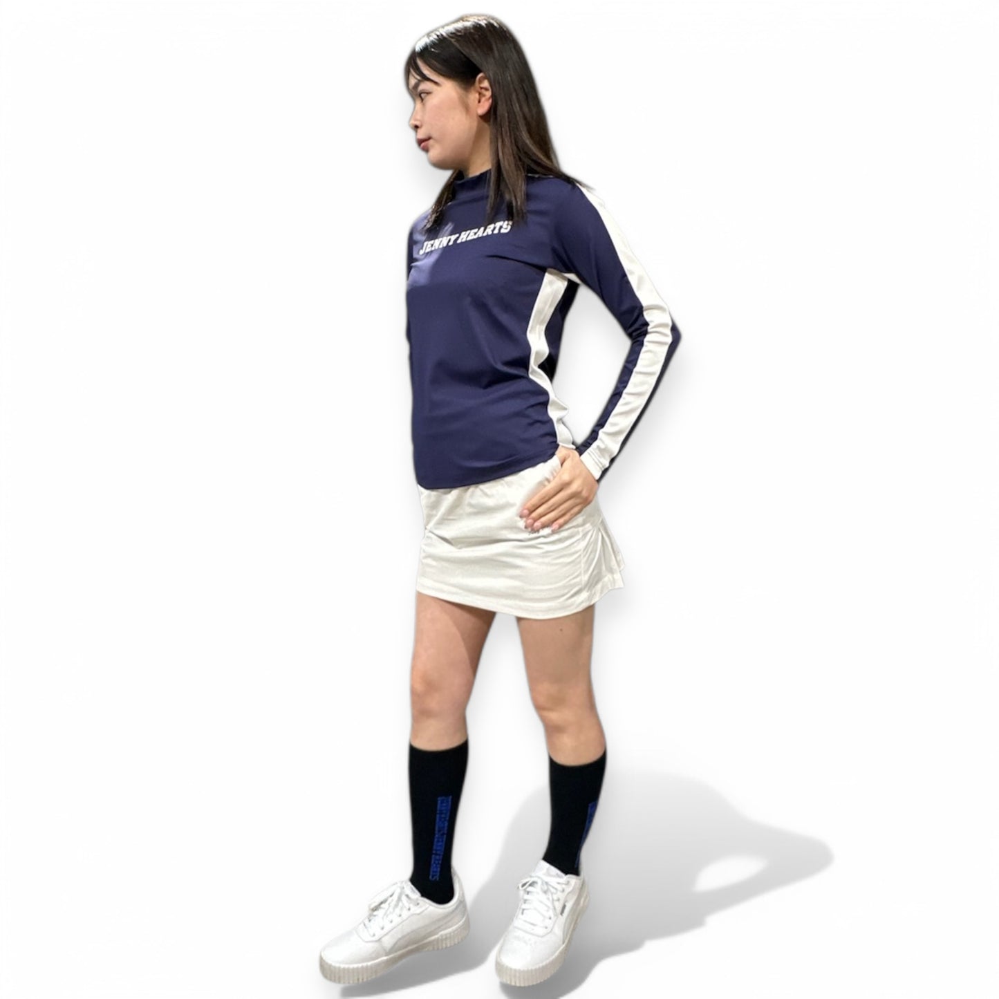 \新発売/Ladies Mock Neck Spandex ゴルフウェア レディース モックネック 長袖 ネイビー ツートンカラー 春 UVカット 速乾 伸縮性抜群 おしゃれ