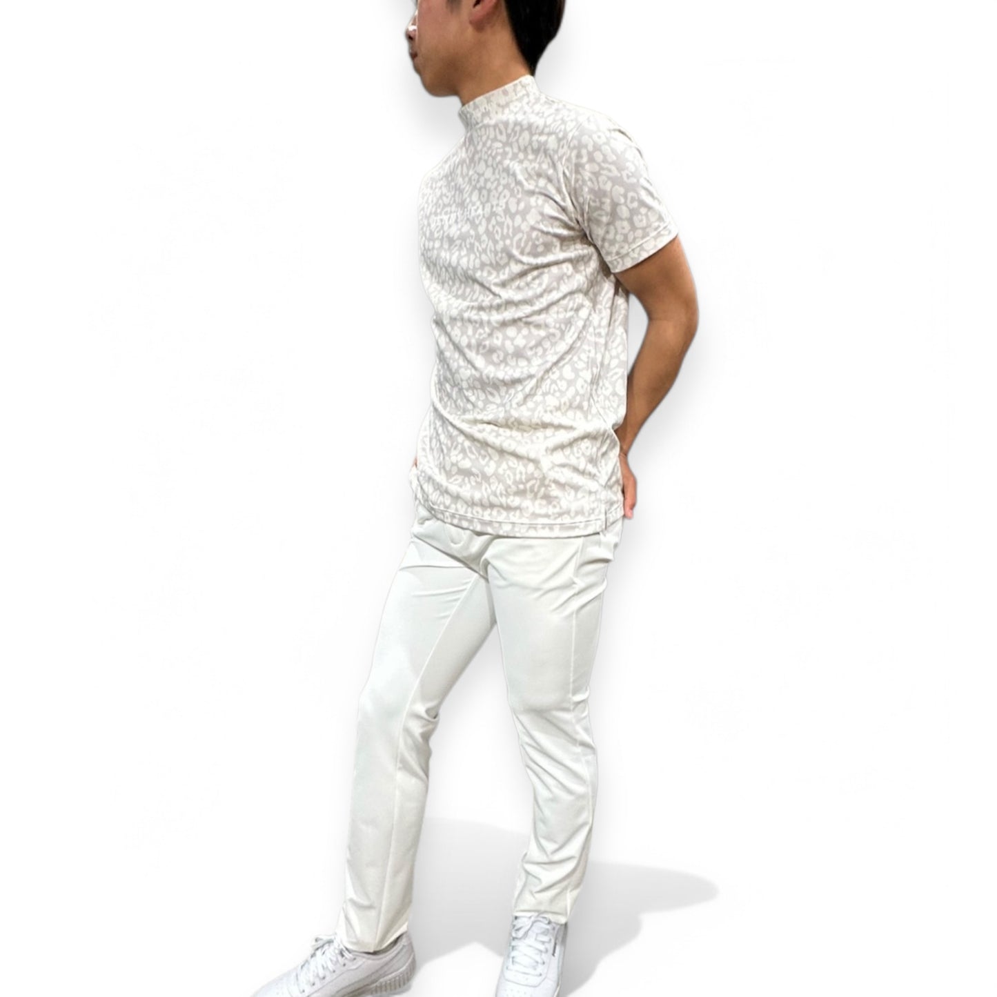 Mens Smooth Mock Animal White Panther 豹柄 パンサー なめらか肌触り おしゃれ 春夏 スムースシリーズ メンズゴルフウェア ピンクベージュ