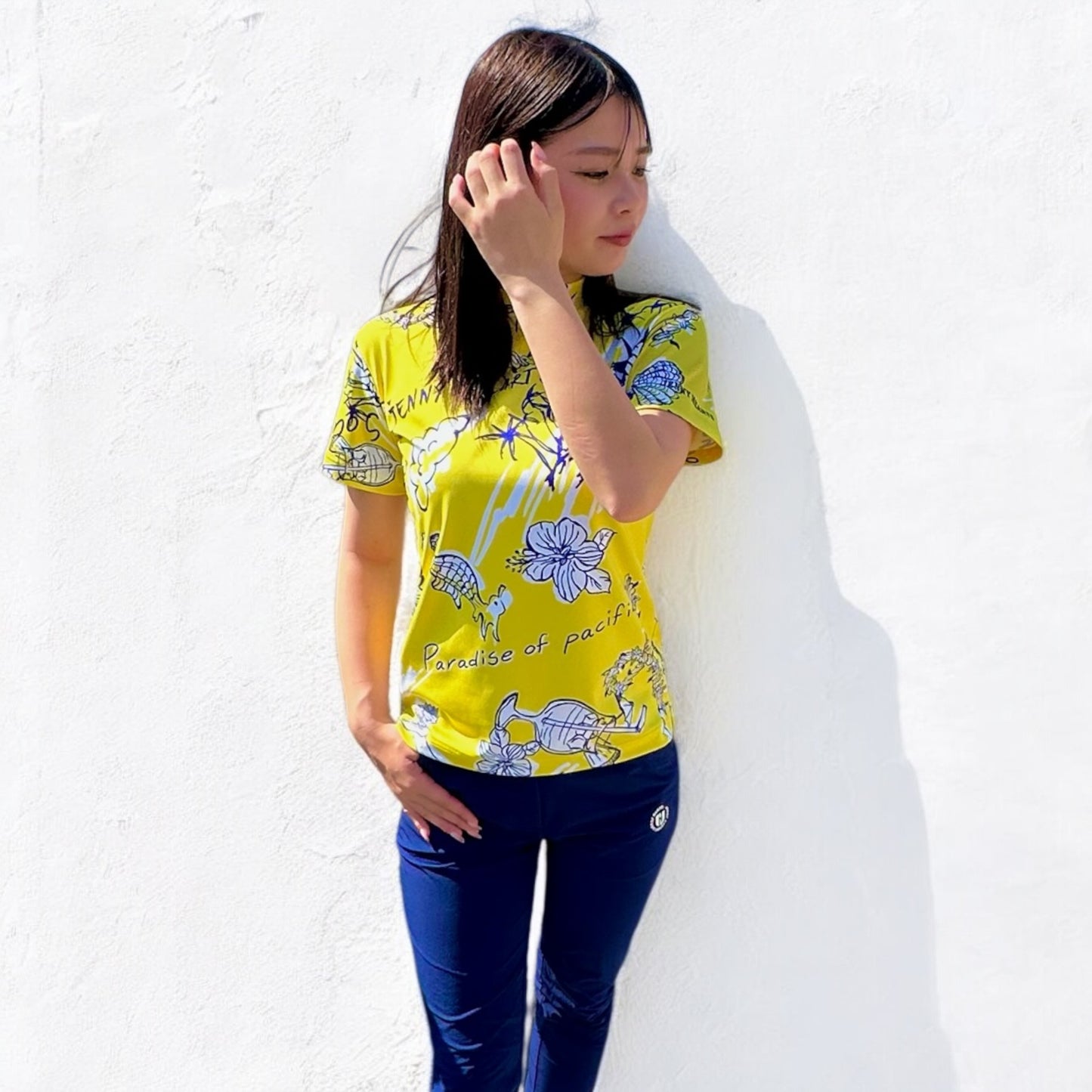 \新発売/Ladies Mock Neck Hawaiian Yellow レディースゴルフウェア モックネック 半袖 ストレッチ 速乾 肌触りなめらか UVカット おしゃれ 可愛い 春夏