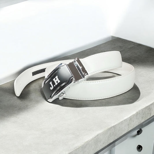 Men's Golf Belt, Genuine Leather, White, Automatic Buckle, No Holes, Slide, 3.5cm Wide, 125cm Long