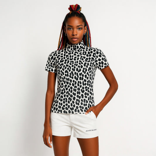 Women's Smooth Mock Animal Panther Short Sleeve Shirt with Black Panther Design, Cool to the Touch, Smooth and Stylish for Spring and Summer. Smooth Series Women's and Junior Golf Wear.
