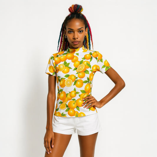 Women's Mock Neck Mandarin Orange Golf Wear for Summer, Short Sleeves, Stretch, Quick-Drying, Smooth to the Touch, UV Protection, Stylish and Cute