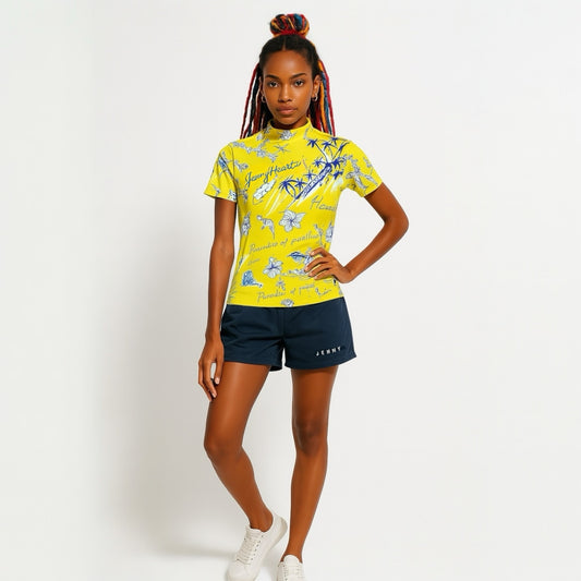 Women's Mock Neck Hawaiian Yellow Golf Wear for Summer, Mock Neck, Short Sleeves, Stretch, Quick-Drying, Smooth to the Touch, UV Protection, Stylish and Cute