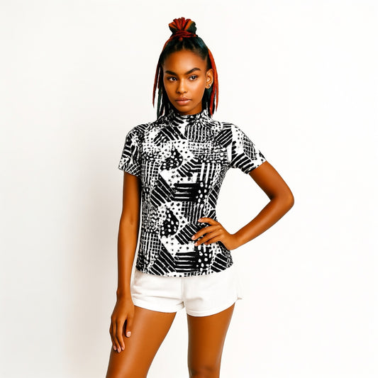 Ladies' Smooth Mock Black Art Golf Wear for Women and Girls, Mock Neck, Short Sleeves, Cool to the Touch, Smooth to the Touch, Stylish, Spring/Summer, Small, 150cm