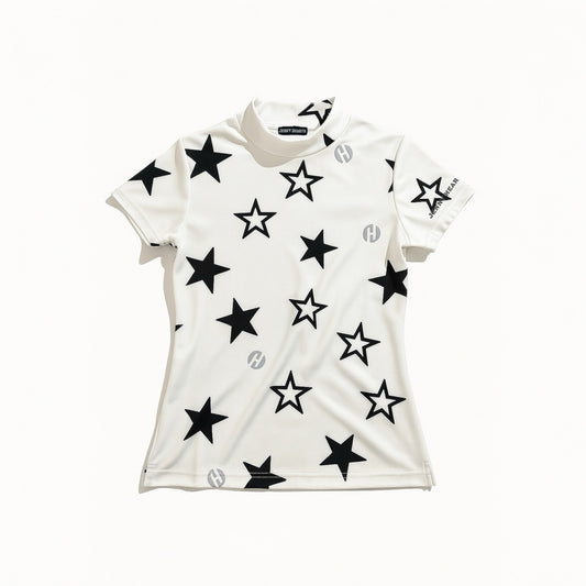 Women's Mock Neck Twinkle Star Golf Wear for Summer, Mock Neck, Short Sleeves, Stretch, Quick-Drying, Smooth to the Touch, UV Protection, Star Pattern, Stylish and Cute