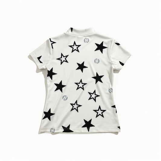 Women's Mock Neck Twinkle Star Golf Wear for Summer, Mock Neck, Short Sleeves, Stretch, Quick-Drying, Smooth to the Touch, UV Protection, Star Pattern, Stylish and Cute