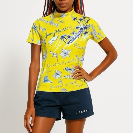 Women's Mock Neck Hawaiian Yellow Golf Wear for Summer, Mock Neck, Short Sleeves, Stretch, Quick-Drying, Smooth to the Touch, UV Protection, Stylish and Cute