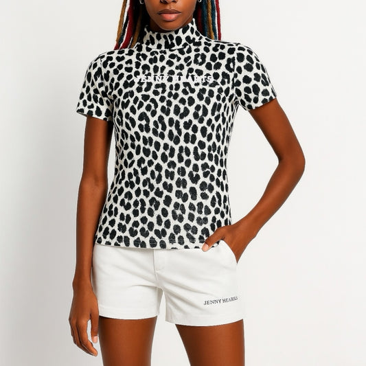 Women's Smooth Mock Animal Panther Short Sleeve Shirt with Black Panther Design, Cool to the Touch, Smooth and Stylish for Spring and Summer. Smooth Series Women's and Junior Golf Wear.