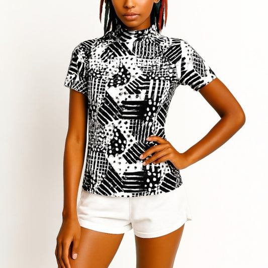 Ladies' Smooth Mock Black Art Golf Wear for Women and Girls, Mock Neck, Short Sleeves, Cool to the Touch, Smooth to the Touch, Stylish, Spring/Summer, Small, 150cm