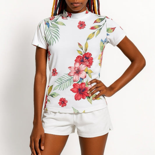 Women's Mock Neck Hawaiian Flower Golf Wear for Summer, Mock Neck, Short Sleeves, Stretch, Quick-Drying, Smooth to the Touch, UV Protection, Stylish, Cute Hawaiian Flower Design