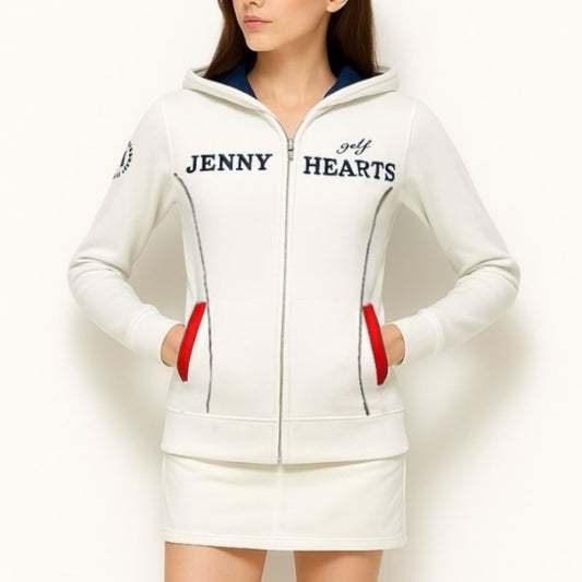 Women's Light Weight Knit Hoodie, a lightweight, double-zip, quick-drying, easy-care polyester knit golf jacket with a hood and washable construction.