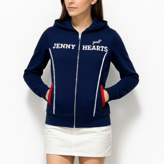 Women's Light Weight Knit Hoodie, a lightweight, double-zip, quick-drying, easy-care polyester knit golf jacket with a hood and washable construction.