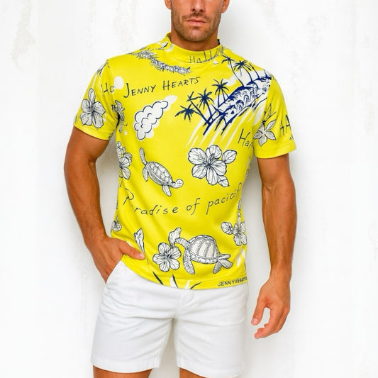 Men's Mock Neck Hawaiian Yellow Golf Apparel for Summer. Mock neck, short sleeves, stretchy, quick-drying, smooth to the touch, UV protection, stylish and cute.