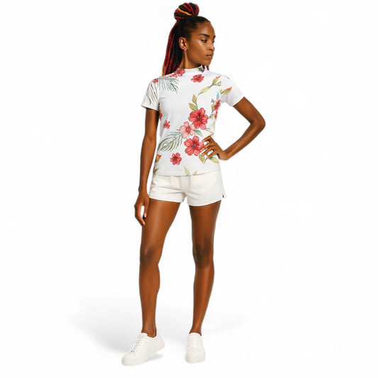 Women's Mock Neck Hawaiian Flower Golf Wear for Summer, Mock Neck, Short Sleeves, Stretch, Quick-Drying, Smooth to the Touch, UV Protection, Stylish, Cute Hawaiian Flower Design