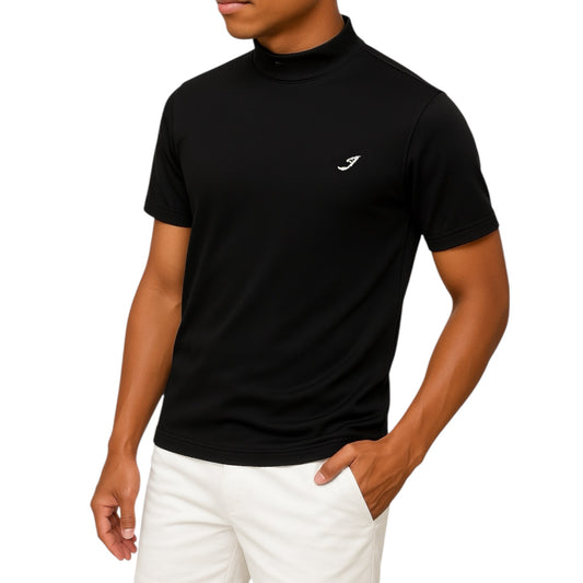 Unisex Mock Neck Rhinestorn Men's Summer Golf Apparel, Mock Neck, Short Sleeve, Rhinestone and Polka Dot Embossing, Stretchy, Quick-Drying, UV Protection, Deodorizing, Black, Luxurious, Made in Japan