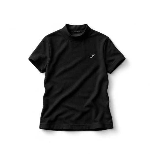 Unisex Mock Neck Rhinestorn Men's Summer Golf Apparel, Mock Neck, Short Sleeve, Rhinestone and Polka Dot Embossing, Stretchy, Quick-Drying, UV Protection, Deodorizing, Black, Luxurious, Made in Japan