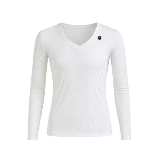Men's V-neck inner shirt, long sleeve, white, for golf.