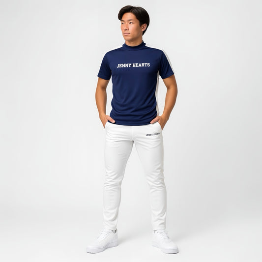 Mens Mock Neck Spandex 究極のなめらかさゴルフウェア メンズ 夏 モックネック 半袖 軽量 ネイビー ツートンカラー UVカット 速乾 伸縮性抜群 おしゃれ