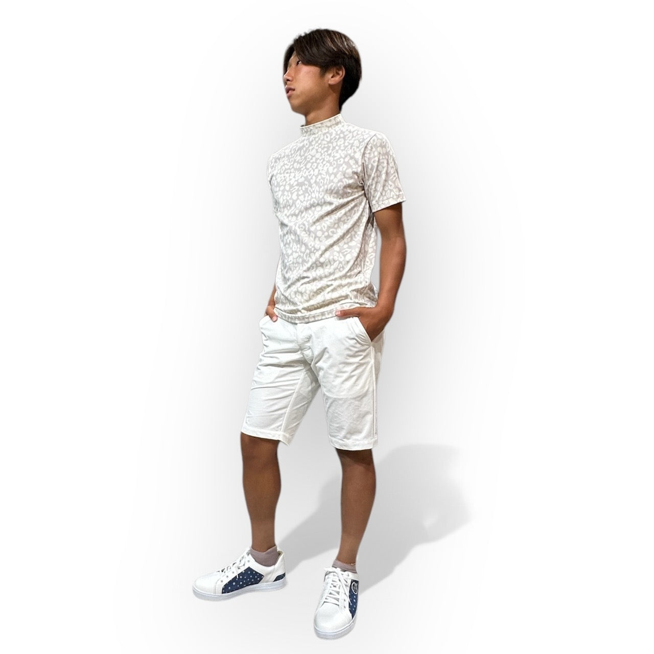 Mens Smooth Mock Animal White Panther 豹柄 パンサー なめらか肌触り おしゃれ 春夏 スムースシリーズ メンズゴルフウェア ピンクベージュ
