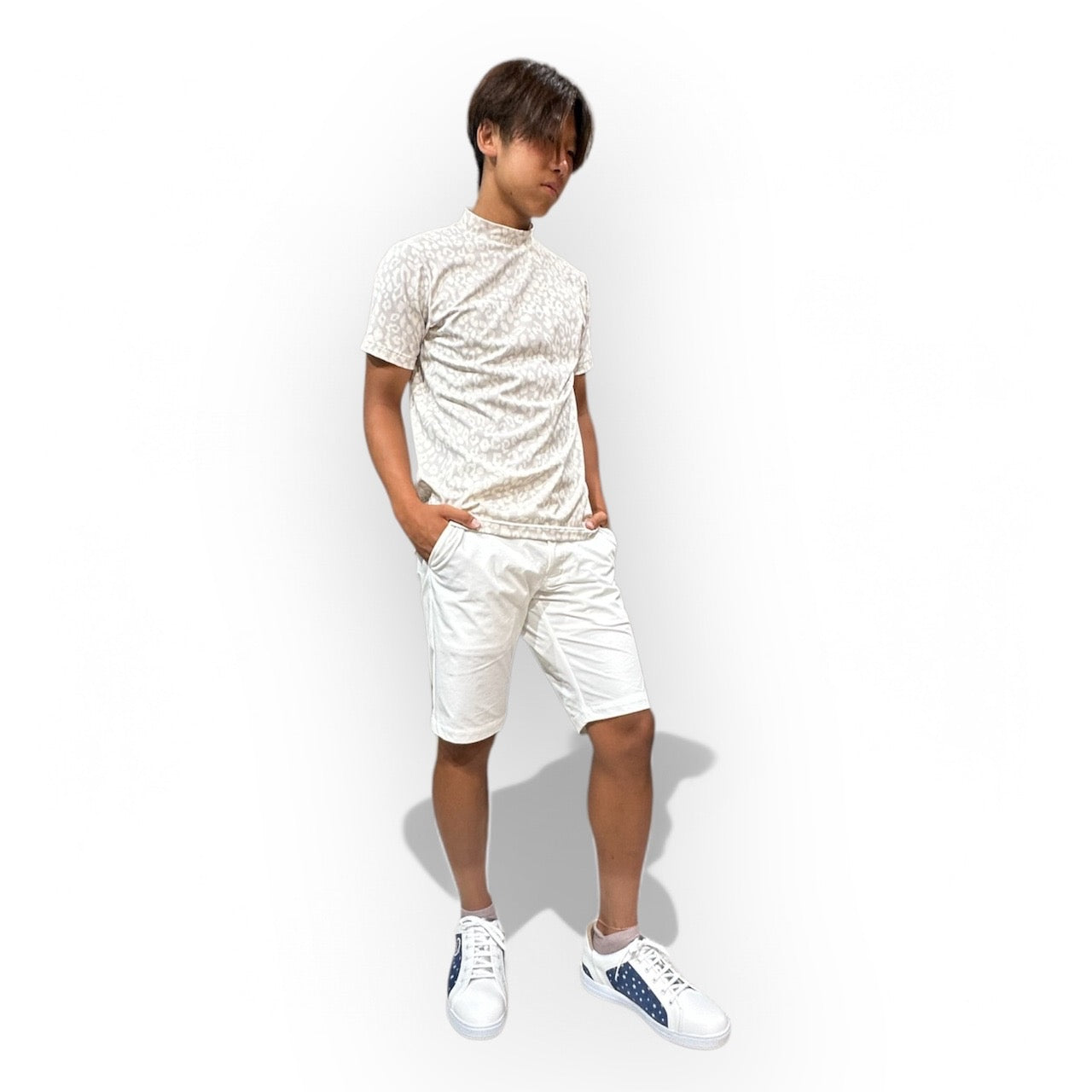Mens Smooth Mock Animal White Panther 豹柄 パンサー なめらか肌触り おしゃれ 春夏 スムースシリーズ メンズゴルフウェア ピンクベージュ