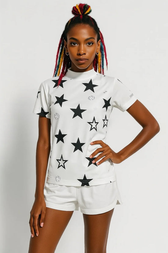 Ladies Mock Neck Twinkle Star レディースゴルフウェア 夏 モックネック 半袖 ストレッチ 速乾 肌触りなめらか UVカット 星柄 おしゃれ 可愛い