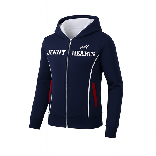 Women's Light Weight Knit Hoodie, a lightweight, double-zip, quick-drying, easy-care polyester knit golf jacket with a hood and washable construction.