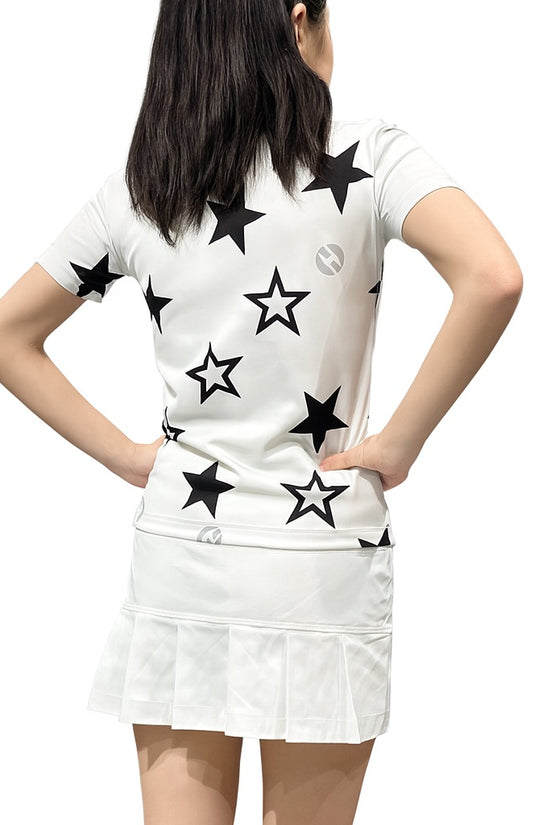 Women's Mock Neck Twinkle Star Golf Wear for Summer, Mock Neck, Short Sleeves, Stretch, Quick-Drying, Smooth to the Touch, UV Protection, Star Pattern, Stylish and Cute