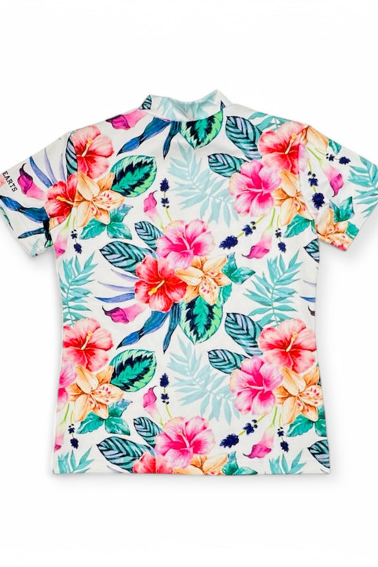 Ladies Mock Neck Hawaiian Hibiscus レディースゴルフウェア 夏 モックネック 半袖 ストレッチ 速乾 肌触りなめらか UVカット おしゃれ 可愛い ハワイアン ハイビスカス