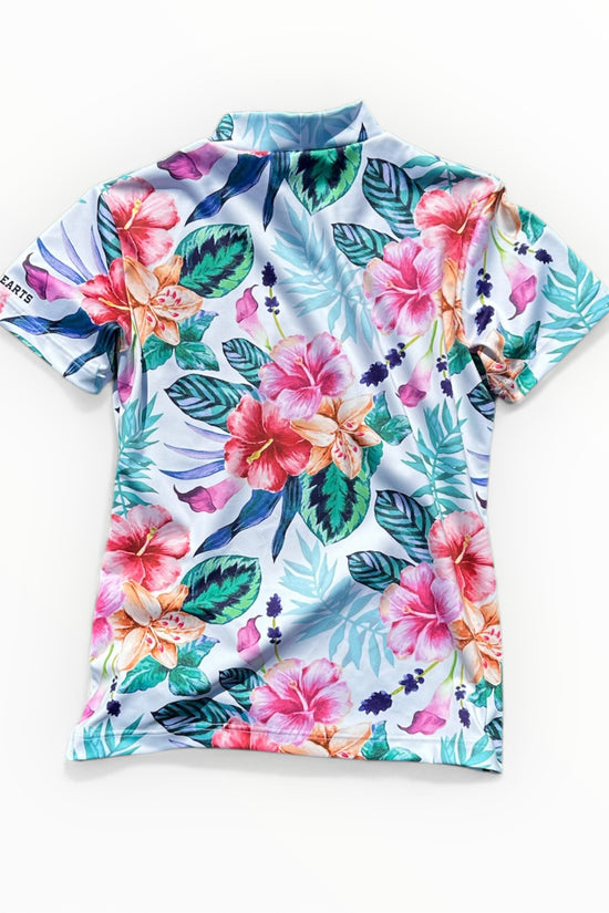 Ladies Mock Neck Hawaiian Hibiscus レディースゴルフウェア 夏 モックネック 半袖 ストレッチ 速乾 肌触りなめらか UVカット おしゃれ 可愛い ハワイアン ハイビスカス