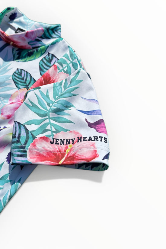Ladies Mock Neck Hawaiian Hibiscus レディースゴルフウェア 夏 モックネック 半袖 ストレッチ 速乾 肌触りなめらか UVカット おしゃれ 可愛い ハワイアン ハイビスカス