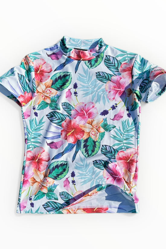 Ladies Mock Neck Hawaiian Hibiscus レディースゴルフウェア 夏 モックネック 半袖 ストレッチ 速乾 肌触りなめらか UVカット おしゃれ 可愛い ハワイアン ハイビスカス