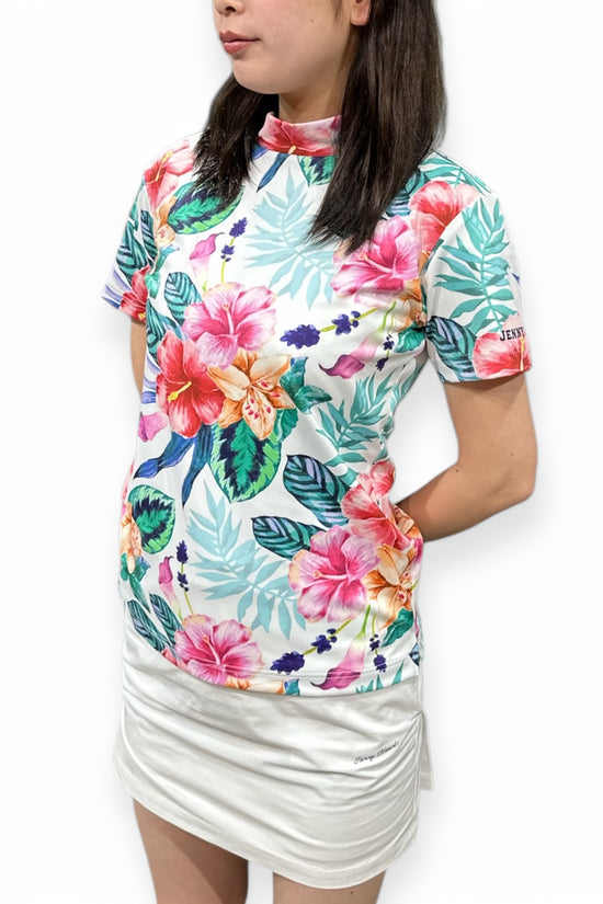 Ladies Mock Neck Hawaiian Hibiscus レディースゴルフウェア 夏 モックネック 半袖 ストレッチ 速乾 肌触りなめらか UVカット おしゃれ 可愛い ハワイアン ハイビスカス