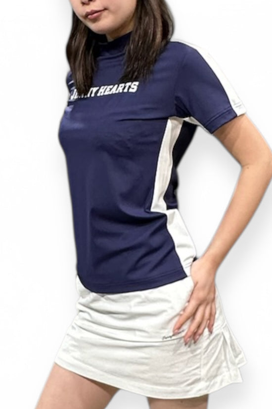 Ladies Mock Neck Spandex 究極のなめらかさ ゴルフウェア レディース 夏 モックネック 半袖 軽量 ネイビー ツートンカラー UVカット 速乾 伸縮性抜群 おしゃれ