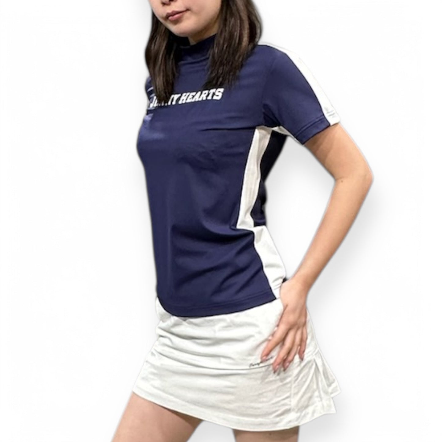 ＼新発売／Ladies Mock Neck Spandex ゴルフウェア レディース モックネック 半袖 ネイビー ツートンカラー 春 UVカット 速乾 伸縮性抜群 おしゃれ