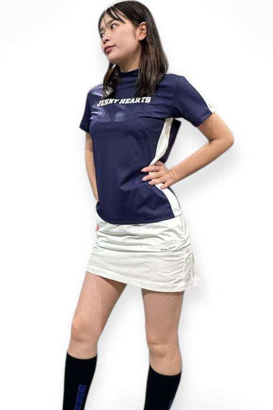 Ladies Mock Neck Spandex 究極のなめらかさ ゴルフウェア レディース 夏 モックネック 半袖 軽量 ネイビー ツートンカラー UVカット 速乾 伸縮性抜群 おしゃれ