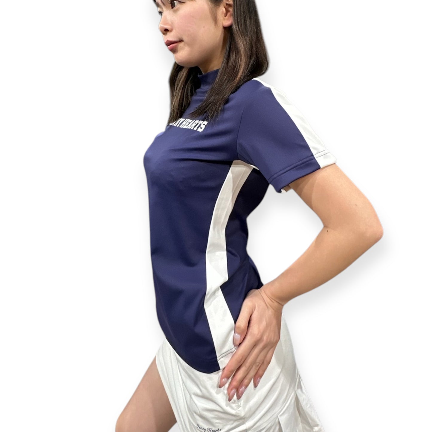 ＼新発売／Ladies Mock Neck Spandex ゴルフウェア レディース モックネック 半袖 ネイビー ツートンカラー 春 UVカット 速乾 伸縮性抜群 おしゃれ
