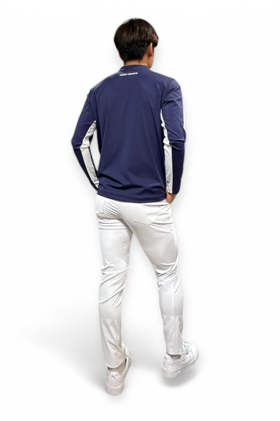 Mens Mock Neck Spandex 究極のなめらかさ ゴルフウェア メンズ 夏 モックネック 長袖 軽量 ネイビー ツートンカラー UVカット 速乾 伸縮性抜群 おしゃれ