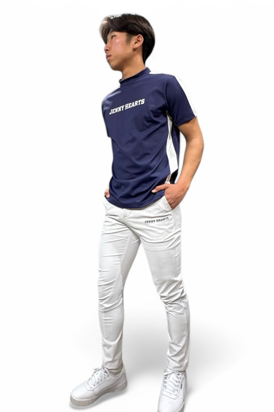 Mens Mock Neck Spandex 究極のなめらかさゴルフウェア メンズ 夏 モックネック 半袖 軽量 ネイビー ツートンカラー UVカット 速乾 伸縮性抜群 おしゃれ