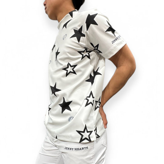 ＼新発売／Mens Mock Neck Twinkle Star メンズゴルフウェア モックネック 半袖 ストレッチ 速乾 肌触りなめらか UVカット 星柄 おしゃれ 可愛い 春夏
