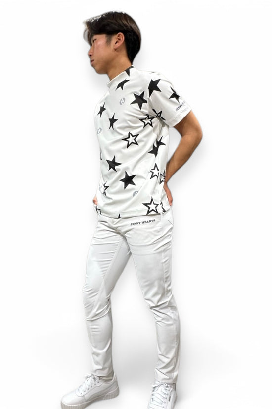 Mens Mock Neck Twinkle Star メンズゴルフウェア 夏 モックネック 半袖 ストレッチ 速乾 肌触りなめらか UVカット 星柄 おしゃれ 可愛い