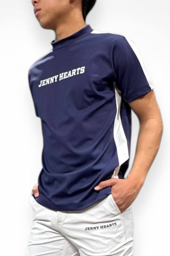 Mens Mock Neck Spandex 究極のなめらかさゴルフウェア メンズ 夏 モックネック 半袖 軽量 ネイビー ツートンカラー UVカット 速乾 伸縮性抜群 おしゃれ